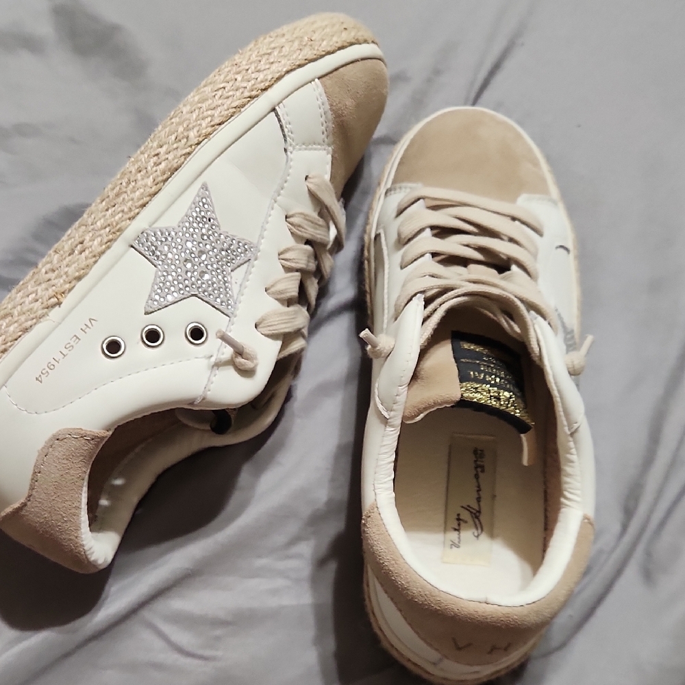 Neutral Leather and Suede Platform Sneaker with Embellished Star